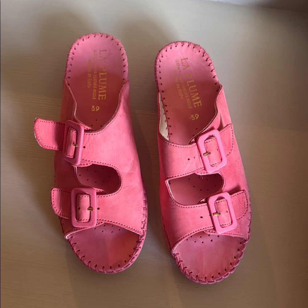 Coral Pink Two-Strap Sandals with Metal Buckles